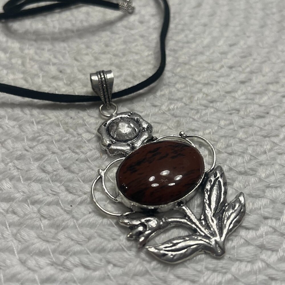 Unique MAHOGANY OBSIDIAN FLOWER Handmade Sterling 925 Pendant/Cord #339E